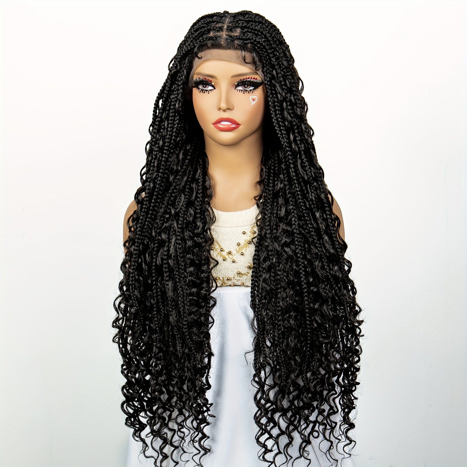 Full Lace Women's Bohemian Knotless Braided Full Lace Wig, Long Goddess Braided Wig, Curly Synthetic Braids With Baby Hair, Synthetic Bohemian Braided Wig
